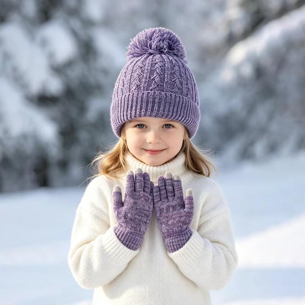 2Pcs/Set Warm Children Hat Gloves Set Plush Lining Bonnet Gloves Kits Knitted Hats Gloves  Kids