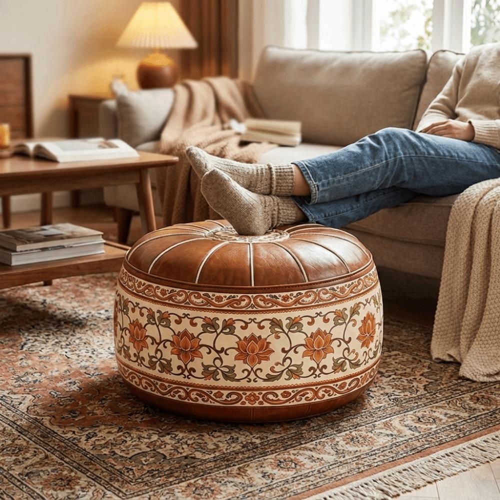 Unstuffed Sofa Stool Cover PU Leather Clothes Storage Bag Round Footstool Cover for Living Room