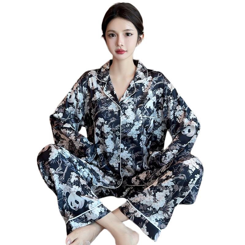 Женская новая пижама Ice Silk Senior Sense, комплект домашней одежды для девочек, темпераментная ретро-мультяшная повседневная пижама с длинными рукавами, комплект домашней одежды