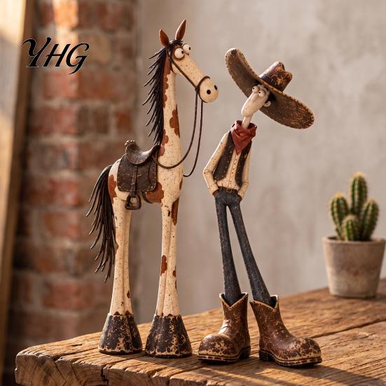 Cartoon Cowboy Figurine 1/2Pcs West Horse Figurine, Resin Statue, Western Theme Decor Shaped Desktop Decoration for Home Office Statue