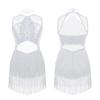 Kids Girls Dance Leotard Sleeveless Mesh Patchwork Sequins Tassel Hem Bodysuit for Latin Jazz Dance