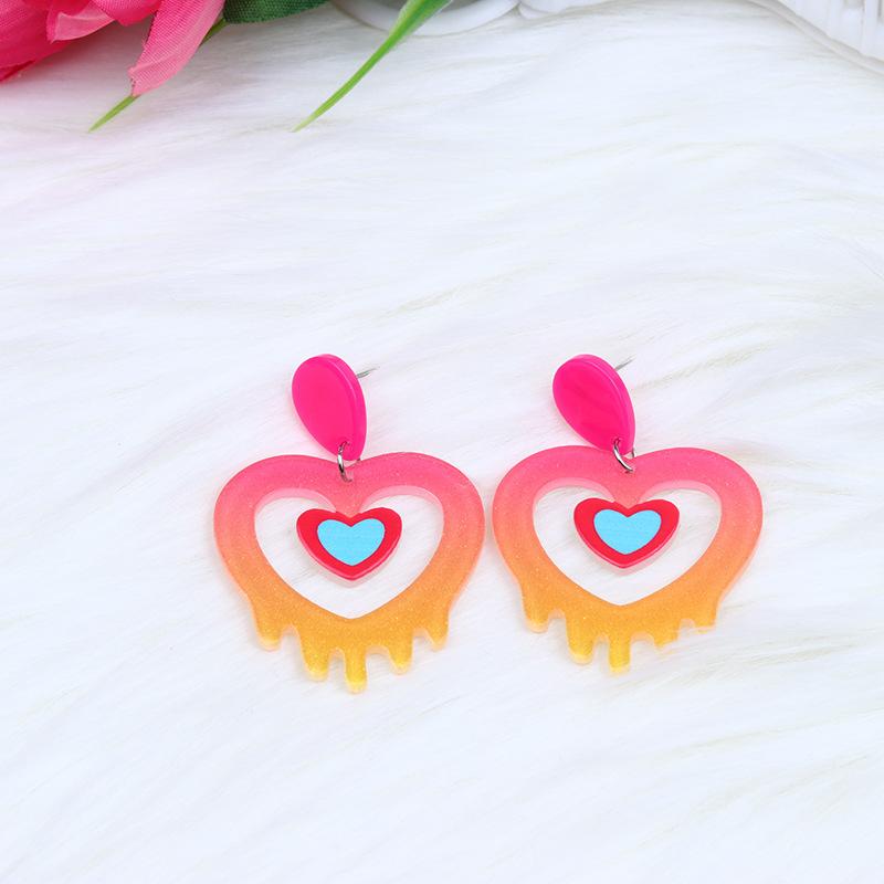 New Acrylic Printed Patchwork Earrings, Earrings, Fashionable and Personalized Love, Double Heart Rainbow Earrings, Ear Accessories for Women