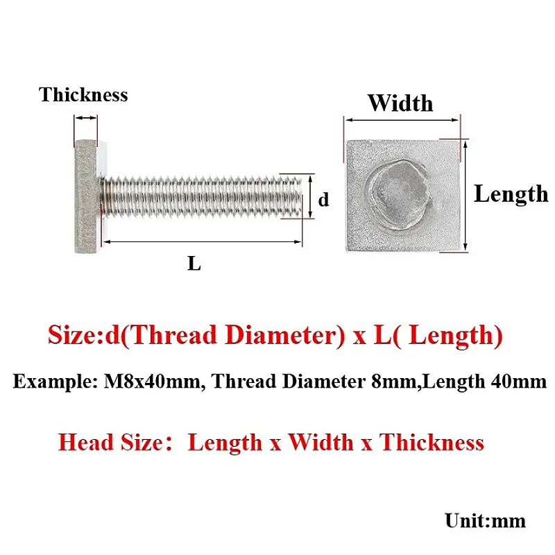 304 Stainless Steel Screw Chute Rail Track T-Shape Bolts M6 M8 M10 Rectangle Hammer Head Bolt Hardware Tools Supplies