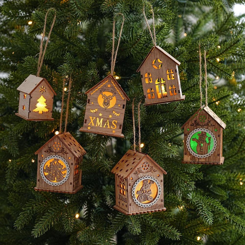 House Shape Christmas House Ornament Wood Material Christmas Decor Hanging Charm Tree Decor