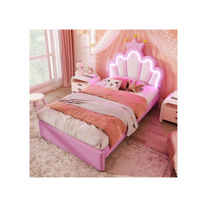 Lit à matelas - MUVOE - 90 x 200 cm - PU rose - Tiroirs pratiques - Tête de lit réglable