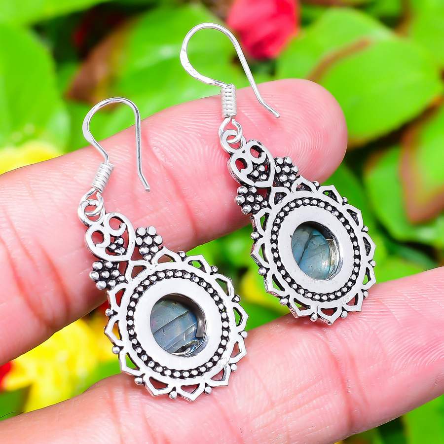 Серьги ручной работы из стерлингового серебра 925 пробы с натуральным лабрадоритом 1,77 дюйма o0K43