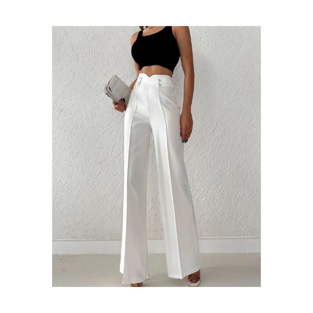 Women's High Waist Palazzo Buttoned Detail Slim Fit Pants