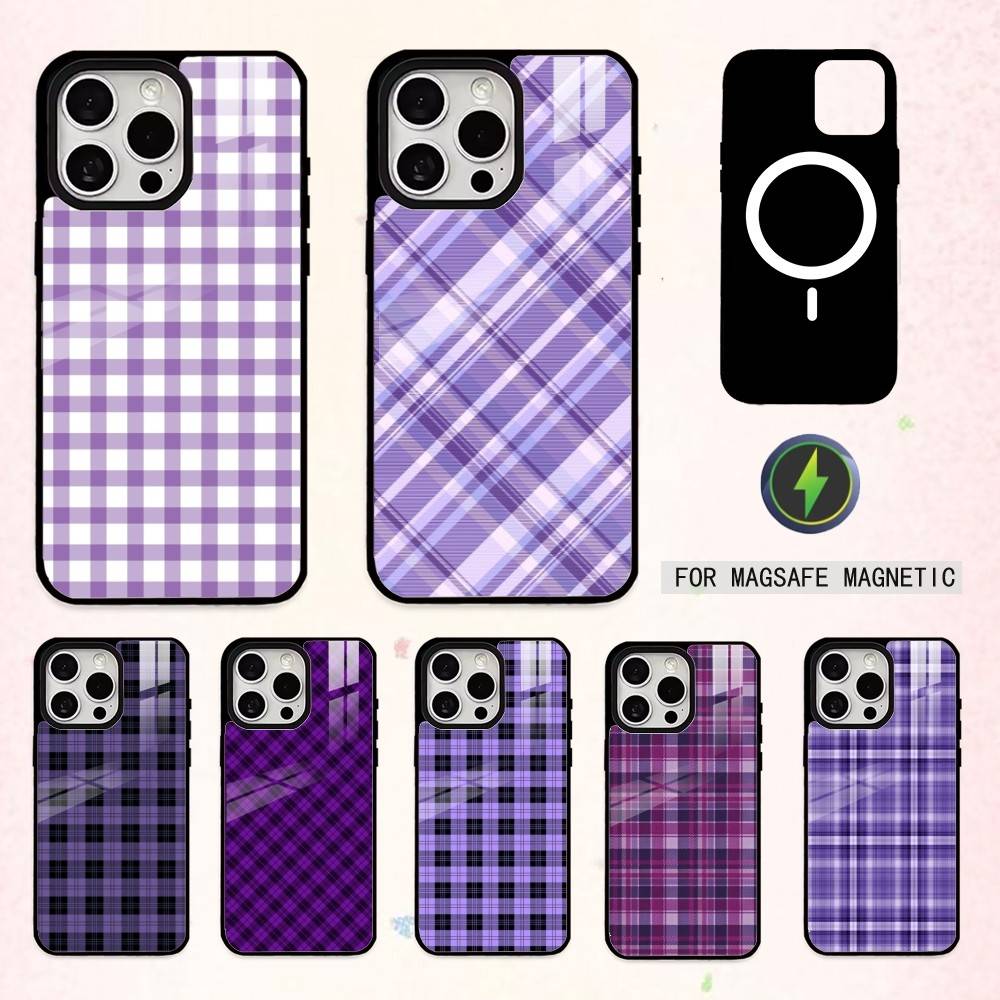 Cool P-Purple P-Plaid Pattern Phone Case For iPhone17,16,15,14,13,12,11 Plus,Pro Max Magnetic For Magsafe Wireless Charging