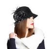 Vintage 1920s Wool Cloche Hat Black Elegant Floral Feather Church Fascinator Hat Derby Dress Hat with Satin Rose Embellishment