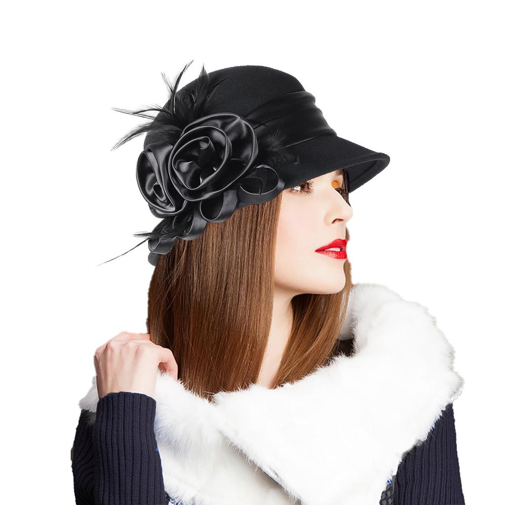 Vintage 1920s Wool Cloche Hat Black Elegant Floral Feather Church Fascinator Hat Derby Dress Hat with Satin Rose Embellishment