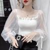 Mesh Puff Sleeve Elastic Waist Women Blouse Square Neck Cropped Top Black White Sweet Fairy Style Lace Up Bow Spring Summer