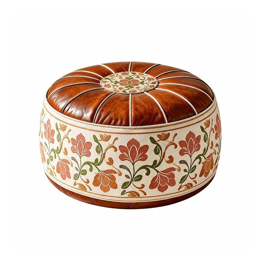Embroidered Pattern Storage Ottoman Round Shape Floor Seat Cushion Fillable Ottoman Pouf Home Use