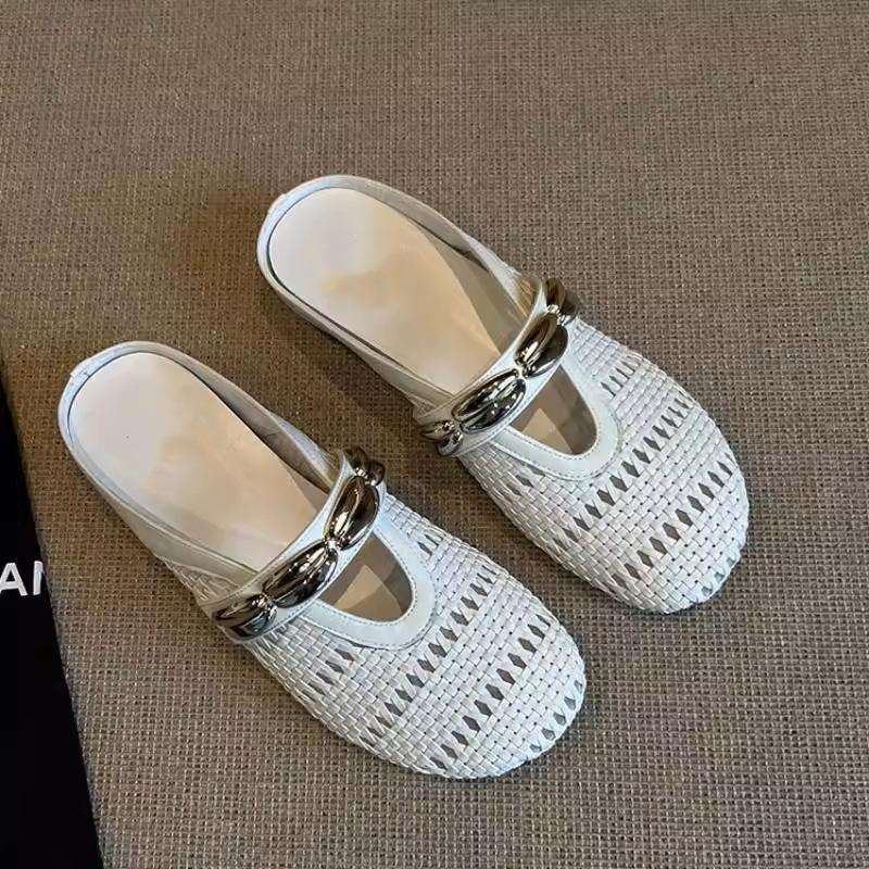 Flat-bottomed bag head slippers women's word belt summer new light luxury retro woven hollow half slippers outside sandals women