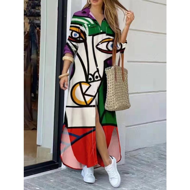 YYFS Women's Fashion Spring Fall Colour Block Print Long Sleeve POLO Neck Loose Waistline Casual Dresses