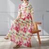 2025 Summer Plus Size Dress Floral Printing Women Loose Casual Long Dress Vintage O-Neck Dress Maxi