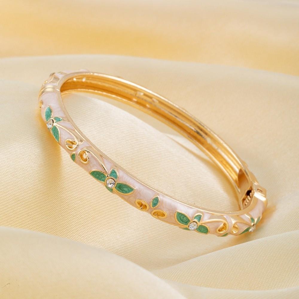 Lightweight Metal Cloisonne Floral Bangle Rhinestone Thin Bracelet  Holiday Presents