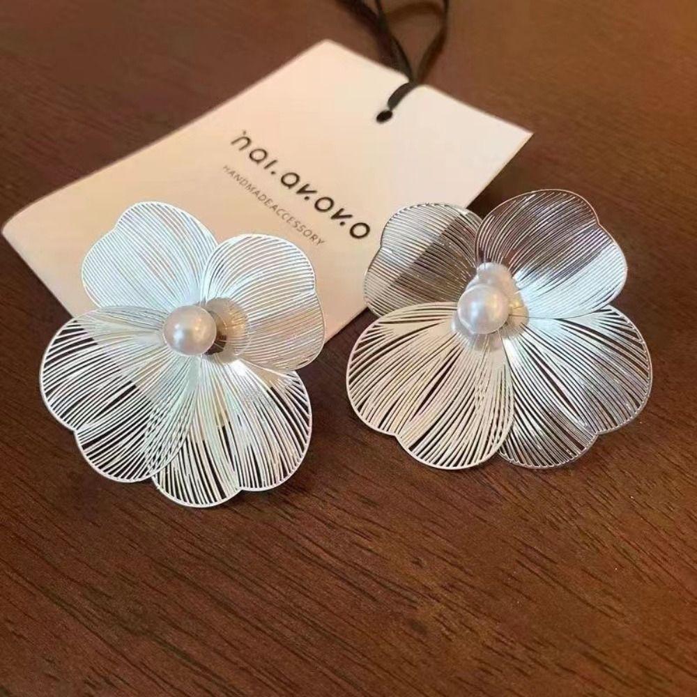 Romantic Elegant Hollow Flower Earrings Big Silver Exaggerated Flower Earrings Jewelry Gifts