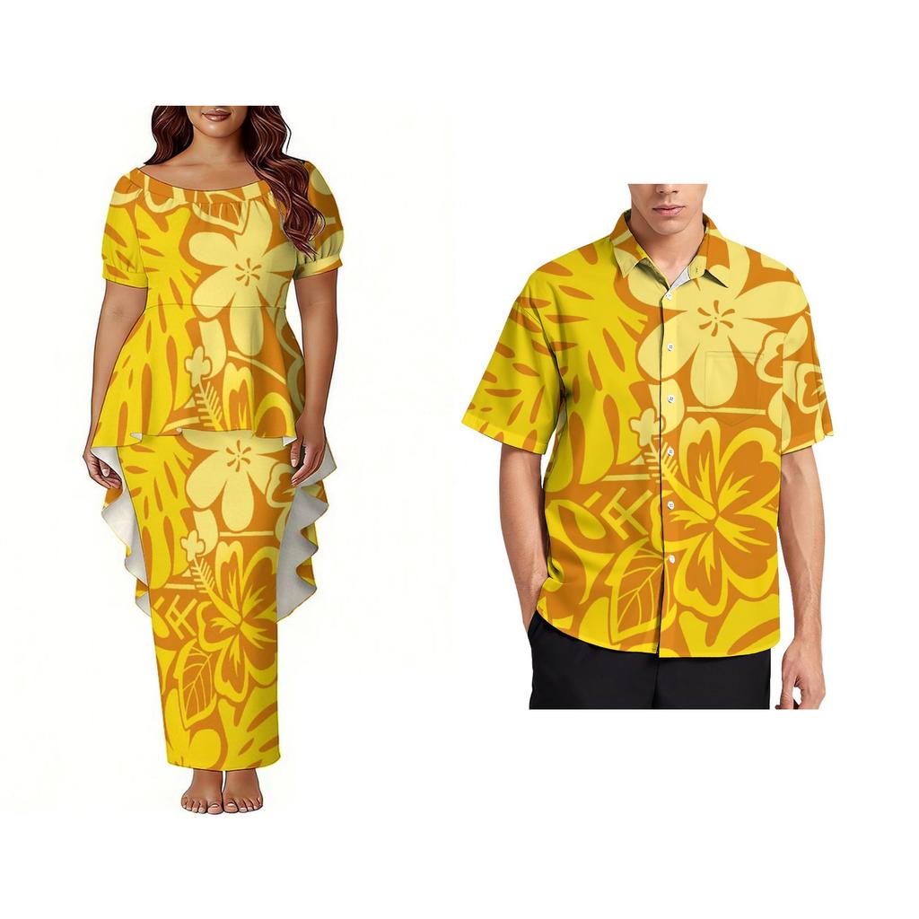 Custom Polynesian Bubble Short Sleeve Long Dress Lady Puletasi Dress Match Plus Size Men Stiff Neck Shirt Sets off Couples 2pcs