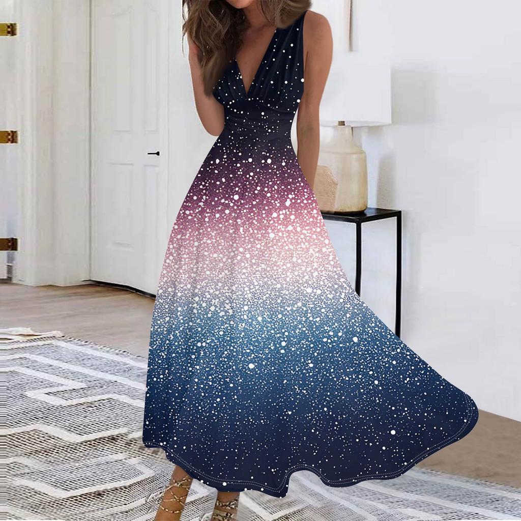 Женские модные повседневные свободные платья с V-образным вырезом без рукавов с принтом