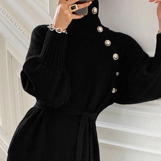 Women's Turtleneck Sweater Midi Dress Button High Neck Long Sleeve Dress Fall Ribbed Knit Long Dress with Belt