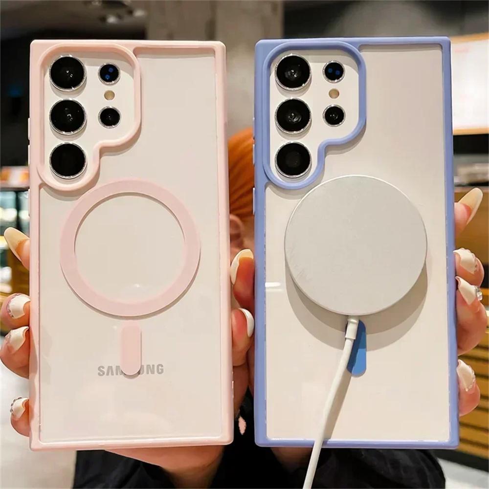 Магнитный прозрачный чехол для Magsafe для Samsung S25 S24 S23 FE S22 Plus Ultra A56 A55 A36 A35 A16 Беспроводная зарядка Тонкая акриловая крышка