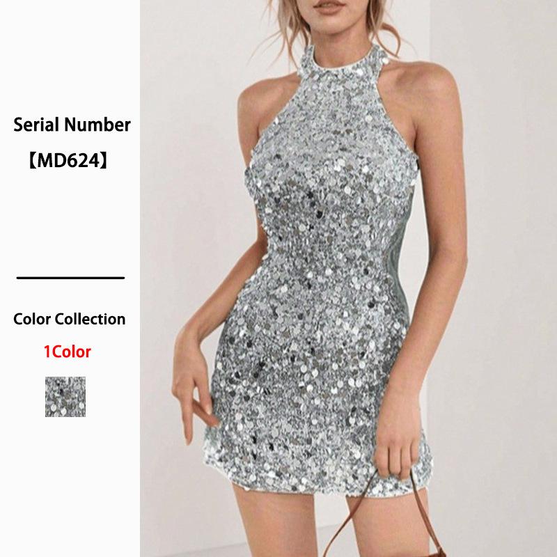 European, American spring and summer new women's clothing sequined dress sexy halter hip skirt dress women