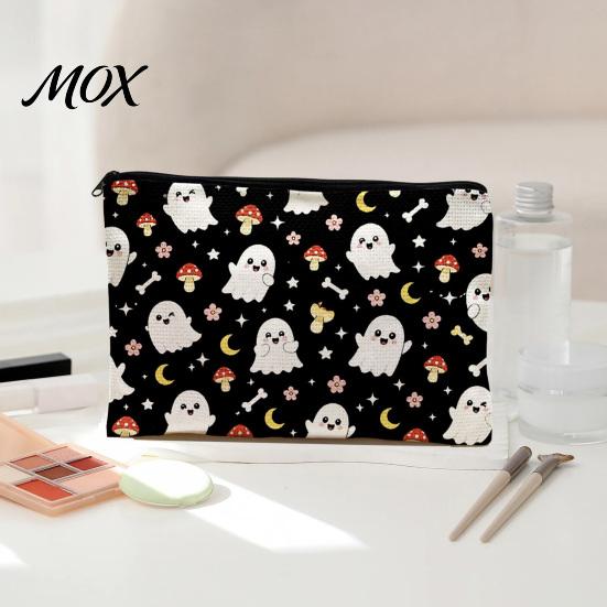 Cartoon Style Storage Case Cosmetic Bag, Halloween Pattern Print Makeup Canvas Travel Toiletry Bag Zipper Pouch, for Change Data Cable High