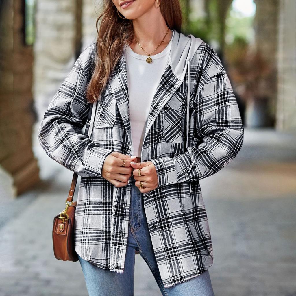 Куртка для женщин, рубашка с капюшоном и шнурком, рубашка с клетчатым принтом, куртка, пальто на пуговицах с длинными рукавами