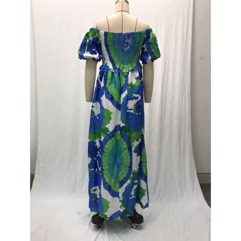 Женские летние свободные длинные платья с объемными рукавами и цифровым принтом