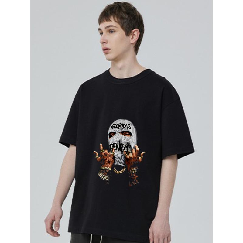 Black T Shirt with Glorious Genius Balaclava and Tattooed Hands Print for Streetwear Fashion