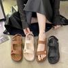 Women’s Summer One-Strap Open-Toe Velcro Flat Sandals - Solid Color Beach Slippers