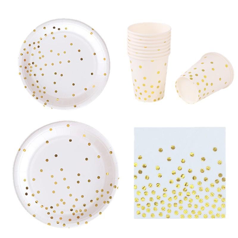 Birthday Party Must-Have White Bronzing Polka Dot Theme Disposable Items Plate Paper Cup Tablecloth Flag Decoration