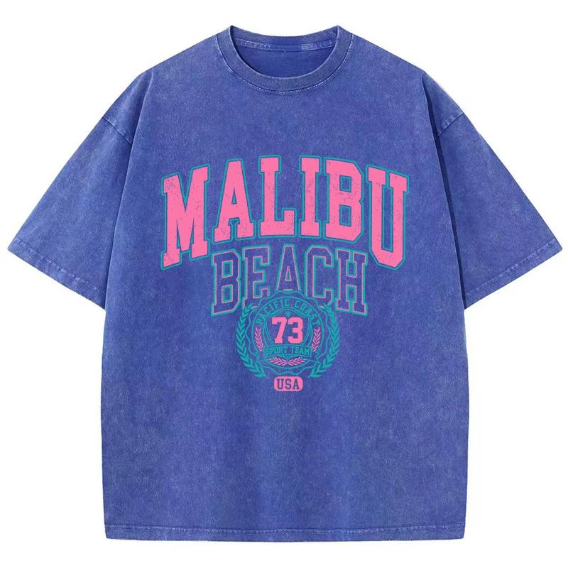 Malibu Beach Washed T-Shirt Women Letter Printing Cotton T Shirt Comfortable Crewneck Tops Casual Oversized Tees Clothes