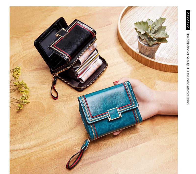Женский ретро кошелек-гармошка из масляной вощеной кожи 2025 - Много отделений для карт, На молнии, Короткий стиль