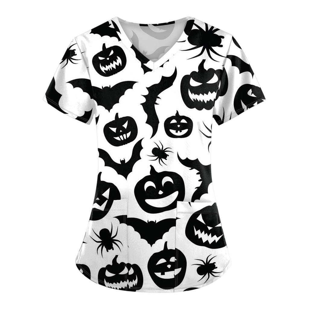 Женская униформа с коротким рукавом и принтом на Хэллоуин с V-образным вырезом и карманом
