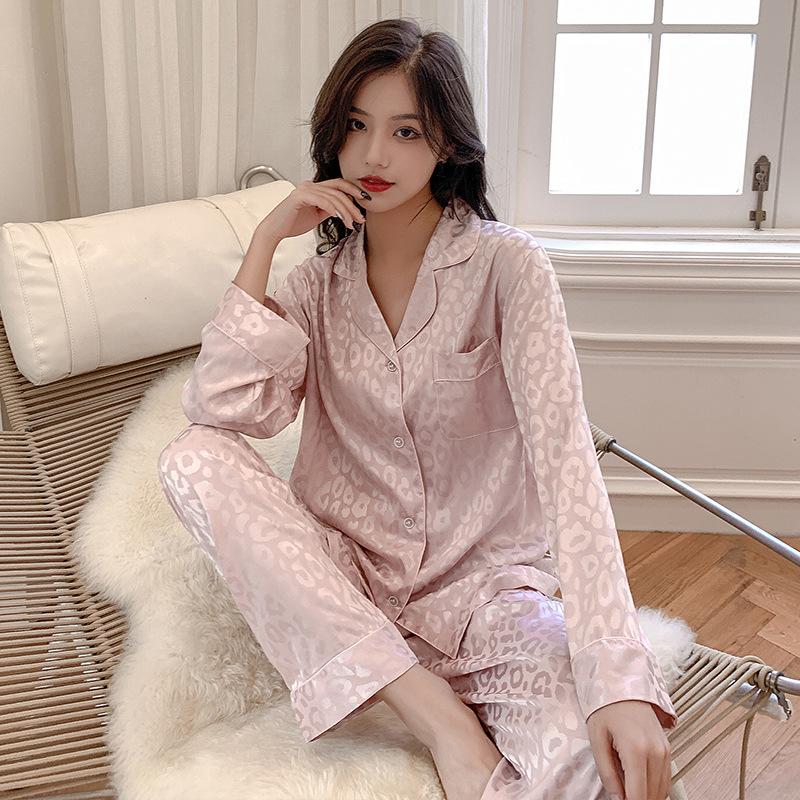 Pajamas Women's Ice Silk Spring and Autumn Long Sleeve Thin Leopard Print Sexy Sweet Internet celebrity Summer Cardigan Loungewear Set