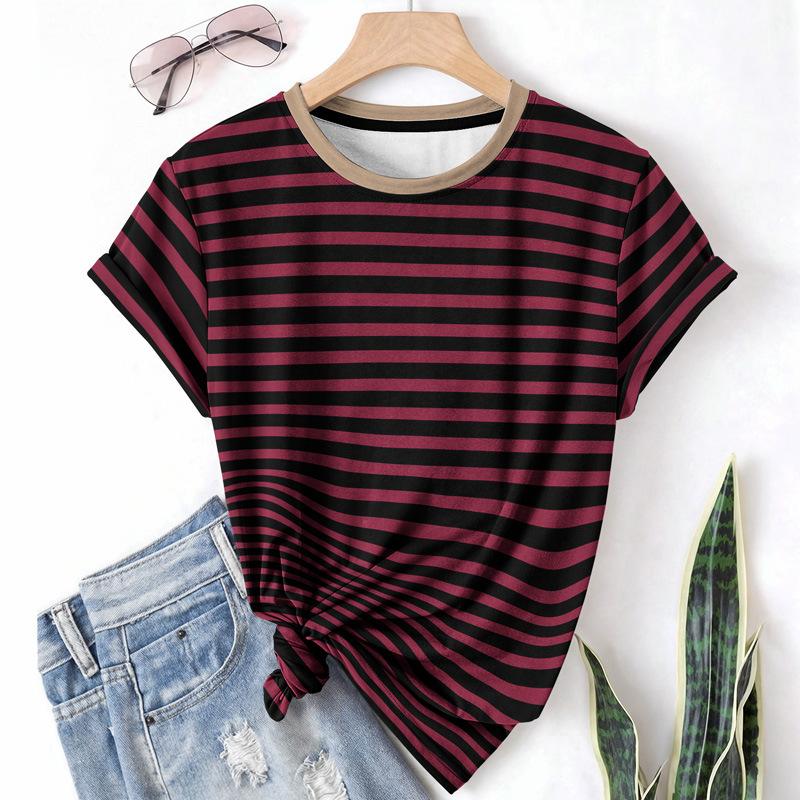 Striped Casual Sports Women's T-shirt Summer Round Neck Short Sleeved Element Pattern Checkered Loose Fit T-shirts