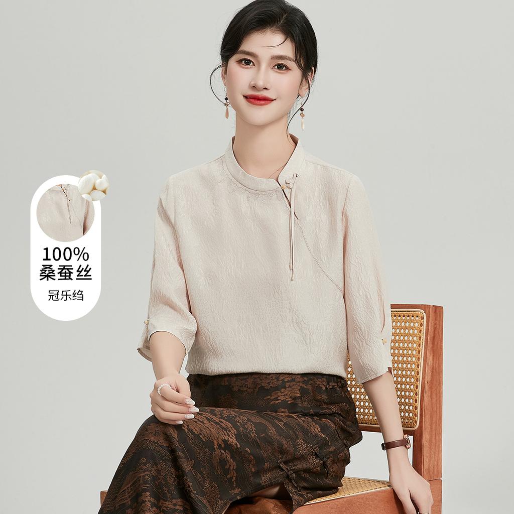 Ouruoxin Chinese style Guanle Crepe Silk Top Women's 100 Mulberry Silk Short Sleeve Spring/Summer Solid Color Stand Breathable T-shirt