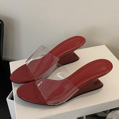 Модные Liyke Странный Стиль Клинья Шлепанцы Для Женщин Мелкие С Открытым Носком Мюли Высокие Каблуки ПВХ Прозрачные Сандалии Летняя Пляжная Обувь для Вечеринок