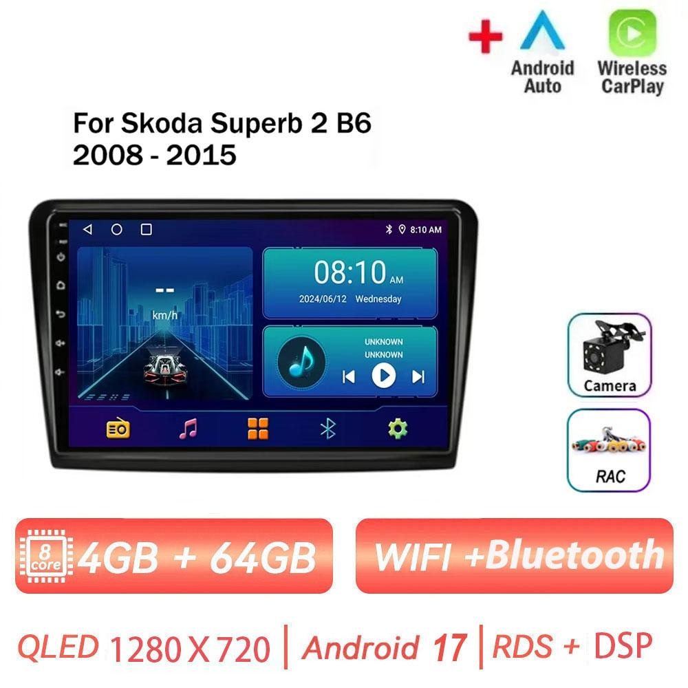 Autoradio Android 17 pour Skoda Superb 2 B6 2008-2015 avec Carplay, Navigation, Lecteur Multimédia, GPS, WiFi+4G, Vidéo, BT, Unité Centrale 2 DIN