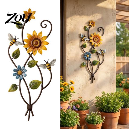 Backyard Wall Accents Sunflower Bee Art Decor, 2D Flat Floral Hanging, Country Garden Rustic Farmhouse Decor Flower Ornament for Fence Porch Entryway