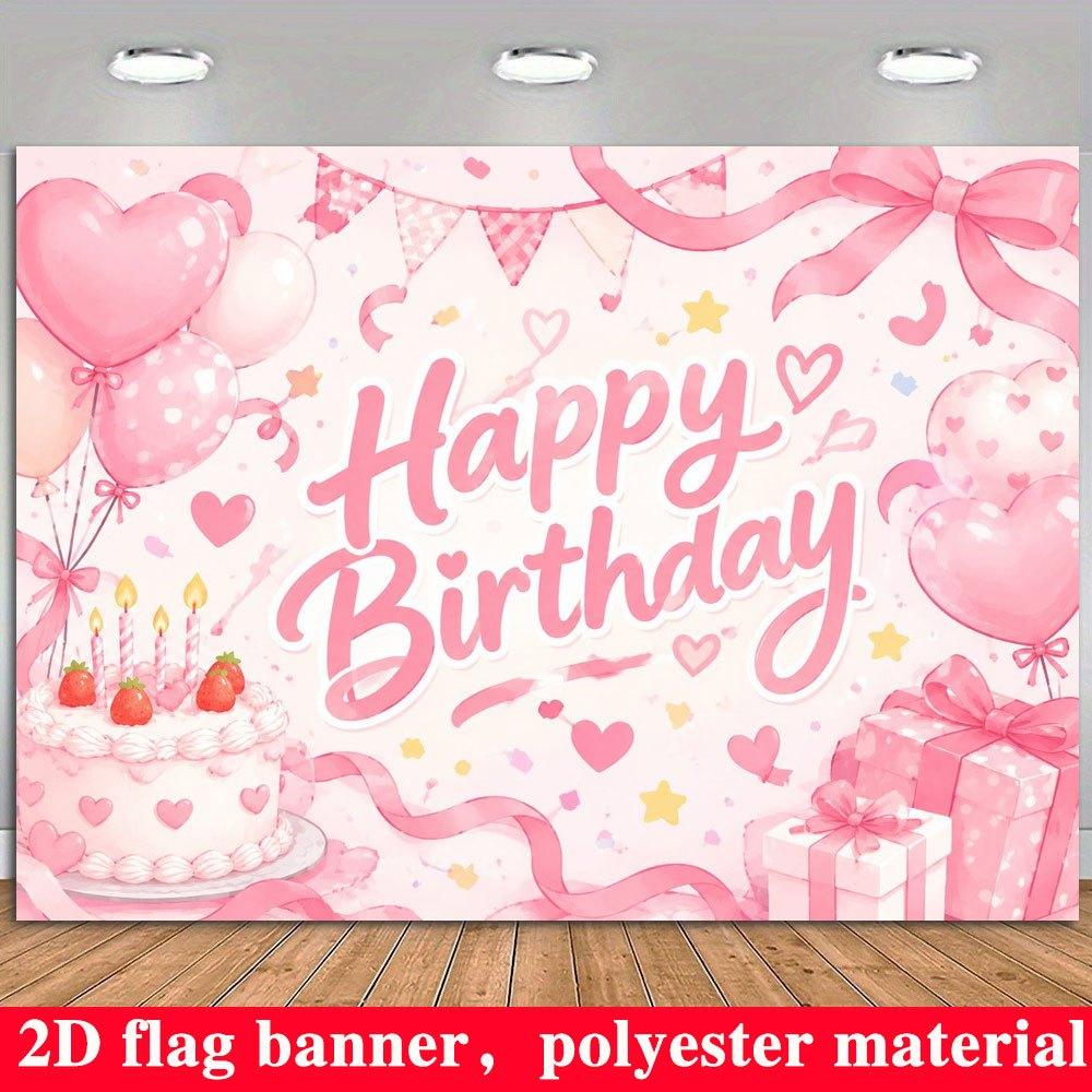 2D Flat Banner, Birthday Backdrop, Heart Balloons, Cream Cake, Gift Boxes, Ribbons