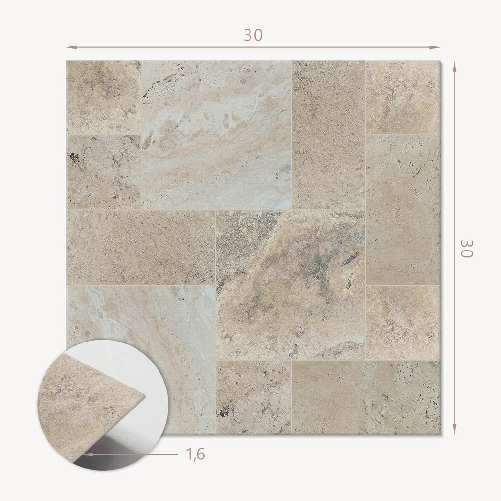 Set of vinyl tiles with a motif for the kitchen and living room. Stone mosaic pattern 9x30x30 cm.