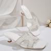 Large Size Summer New Fashion Temperament Pearl Rhinestone One-word High Heel Cool Slippers Women