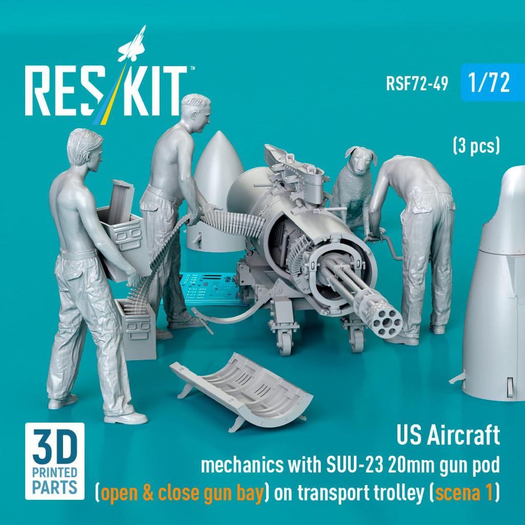 Reskit American Mechanic Gun Pod Trolley 3D Printer Resin Kit 1/72 w/SUU-23 & (Type 1) (3 Pieces) RSKF72-0049 (Airplane)