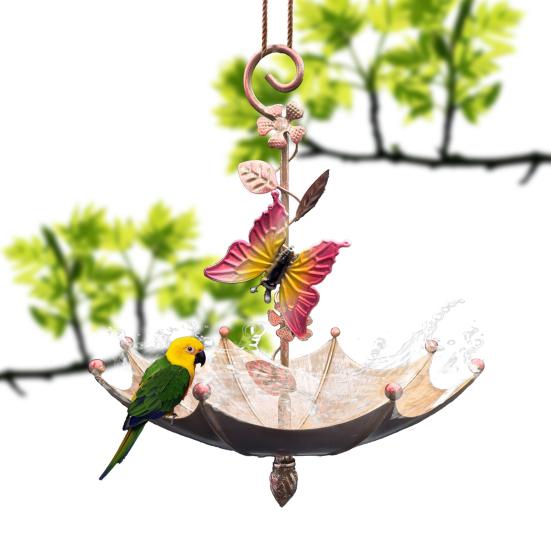 Hanging Birds Feeder for Outdoors Umbrella Shaped Birds Feeder Tray with Dragonfly/Butterfly/Honeybee Metal Wild Birds Bath for Garden Backyard Decor
