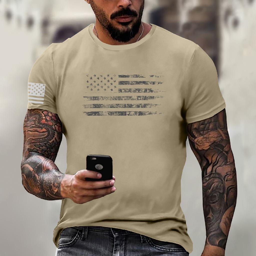 Men's Fashion Casual Short Sleeve Round Neck Independence Day Flag T-Shirt Top