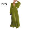 Women Evening Dress Deep V Neck Pleated Long Sleeves Solid Color High Waist Vacation Beach Party Maxi Dress Prom Long Dress