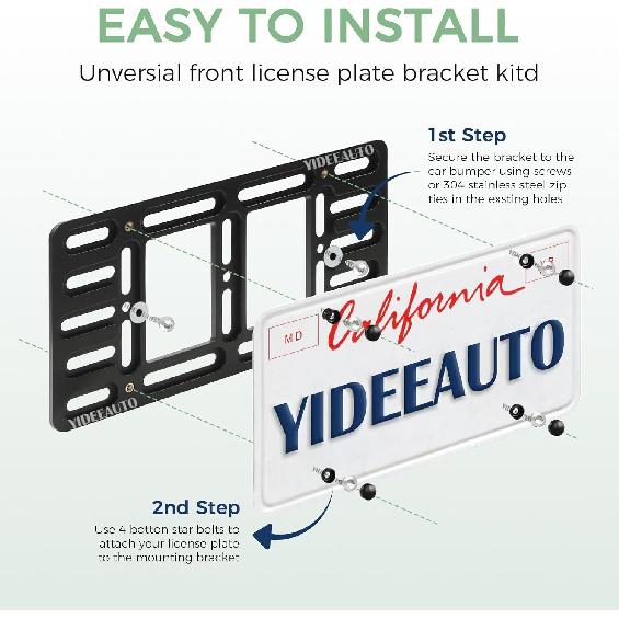 Front License Plate Mount - No Drill Licence Plate Bracket Holder, Universal Bumper Car Tag Frame Mounting Kit for Most Cars, Trucks & SUVs