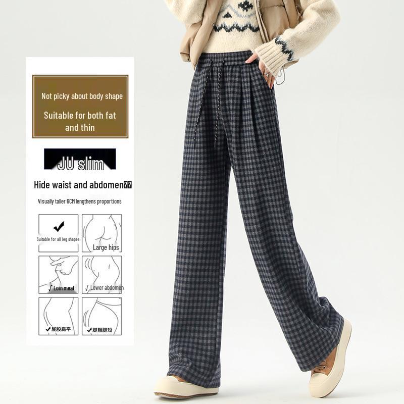 Zhengzhou Women's High Waist Retro Plaid Pants: Autumn/Winter Loose Slim Fit, Straight/Wide Leg, Fleece 2697.